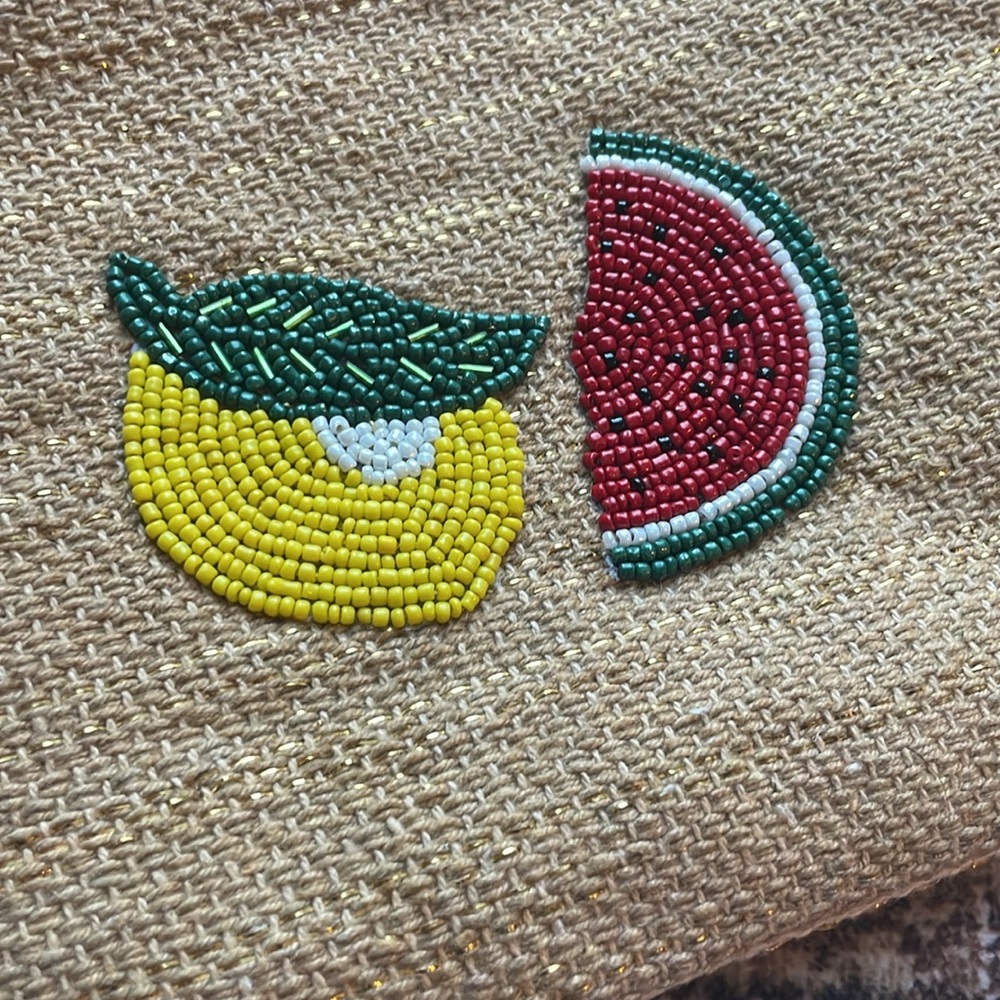 Reversible Beaded Lemon & Watermelon Woven Clutch | Straw Zip Pouch - Picture 4 of 5